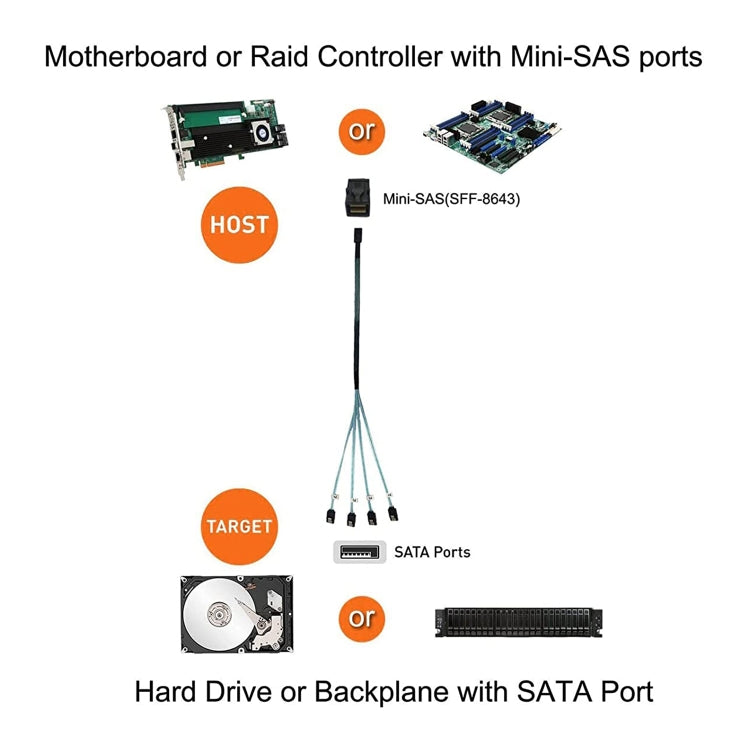 Frendorf | Mini SAS SFF-8643 Host auf 7-Pin 4 SATA Ziel-Festplatte 6Gbps Daten Server Raid Kabel, Länge: 1m