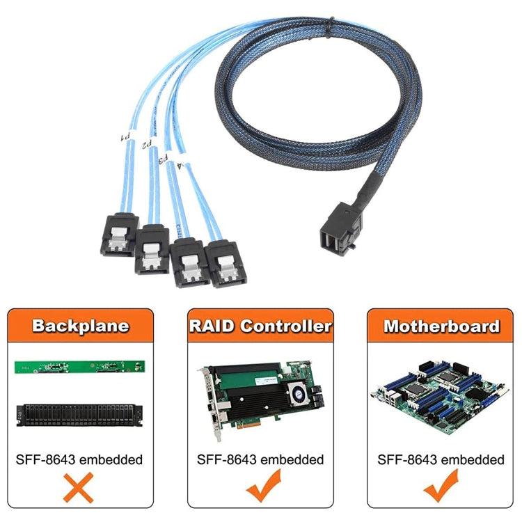 Frendorf | Mini SAS SFF-8643 Host auf 7-Pin 4 SATA Ziel-Festplatte 6Gbps Daten Server Raid Kabel, Länge: 1m