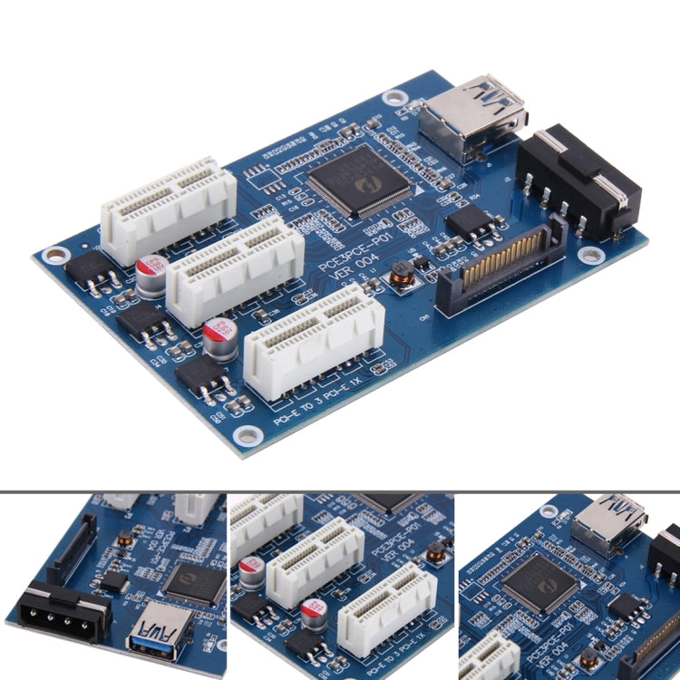 Frendorf | PCI-E 1 zu 3 PCI Express 1 Slots Riser Karte 3 PCI-E Slot Adapter PCI-E Port Multiplikator Karte mit 60cm USB Kabel (Blau)