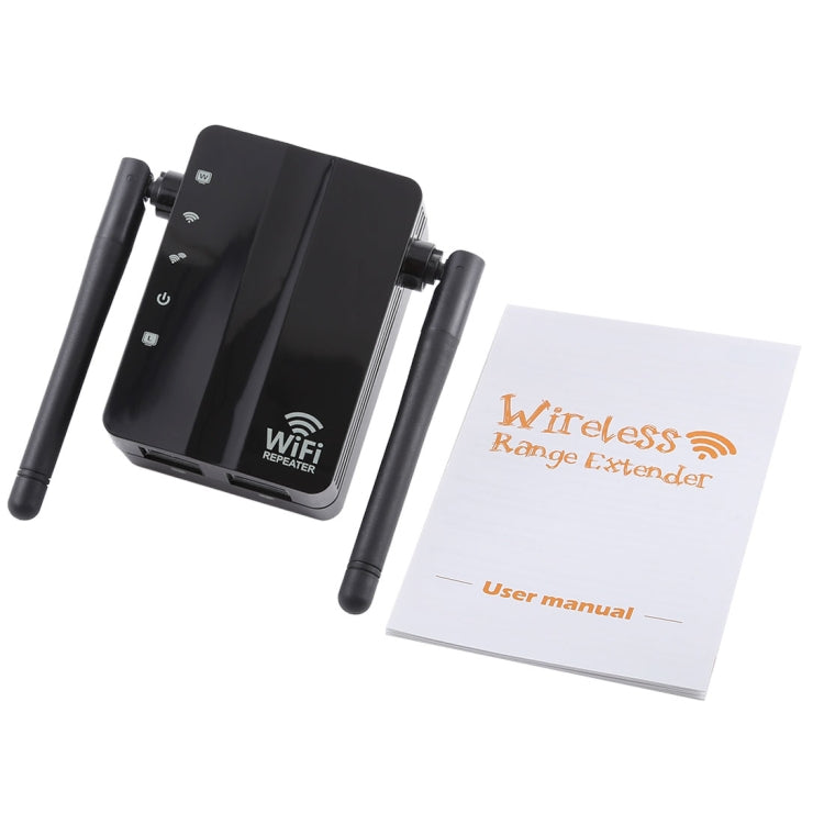 Frendorf | 300Mbps Wireless-N Reichweitenverlängerer WiFi Repeater Signalverstärker Netzwerkrouter mit 2 externen Antennen, EU-Stecker (Schwarz)
