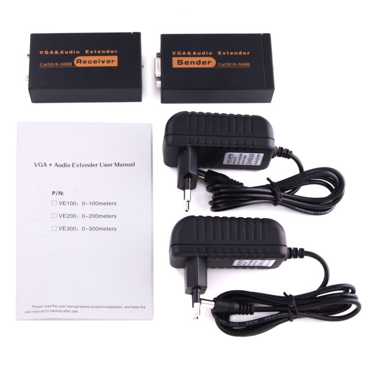 Frendorf | VGA & Audio Extender 1920x1440 HD 100m Cat5e / 6-568B Netzwerk-Kabel Sender Empfänger Adapter, EU-Stecker (Schwarz)