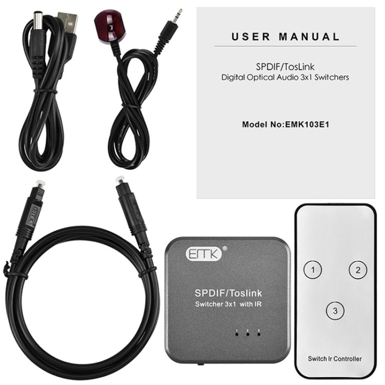 Frendorf | EMK SPDIF/TosLink Digital Optical Audio 3x1 Switcher mit IR-Controller (Grau)