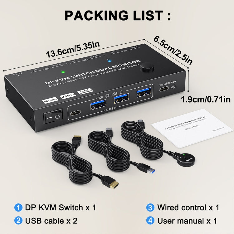 Frendorf | KC-KVM212DH 4K 60HZ USB3.0 DP Dual Display KVM Switcher mit MST Dual Screen Extension Replikation