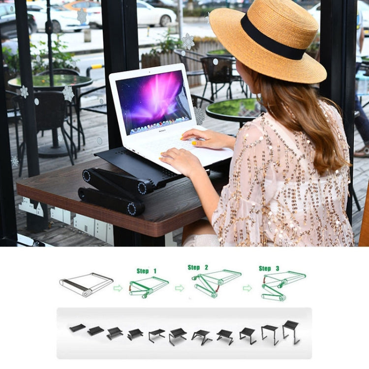 Frendorf | Tragbarer 360 Grad verstellbarer faltbarer Aluminiumlegierung Tischständer mit doppelten CPU-Lüftern & Mauspad für Laptop / Notebook, Tischgröße: 480mm x 260mm (Schwarz)