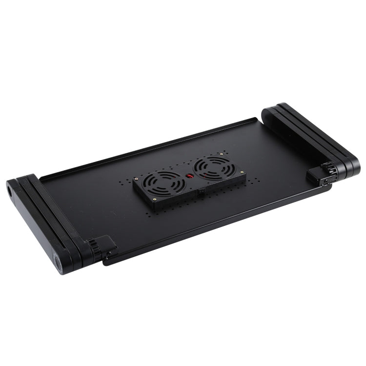 Frendorf | Tragbarer 360 Grad verstellbarer faltbarer Aluminiumlegierung Tischständer mit doppelten CPU-Lüftern & Mauspad für Laptop / Notebook, Tischgröße: 480mm x 260mm (Schwarz)