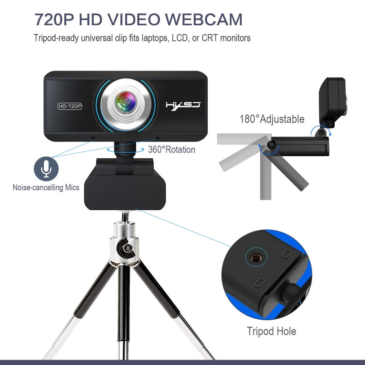 Frendorf | HXSJ S90 30fps 1 Megapixel 720P HD Webcam für Desktop / Laptop / Android TV, mit 8m schalldämpfendem Mikrofon, Kabellänge: 1,5m