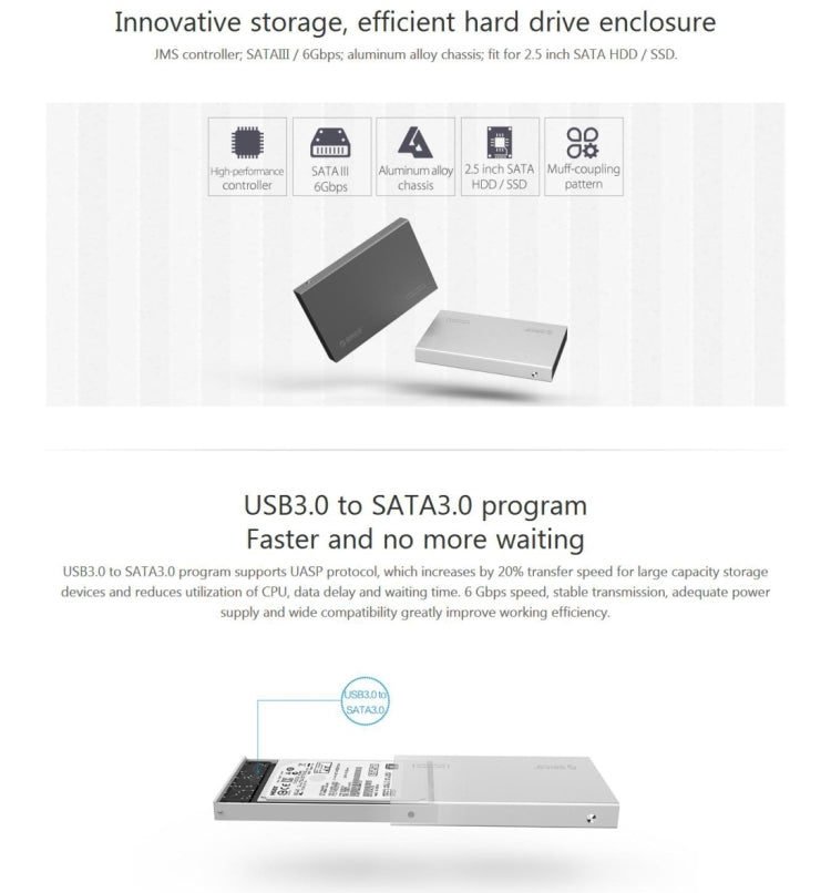 Frendorf | ORICO 2518S3 USB3.0 Externe Festplattengehäuse für 7mm & 9.5mm 2.5 Zoll SATA HDD / SSD (Silber)