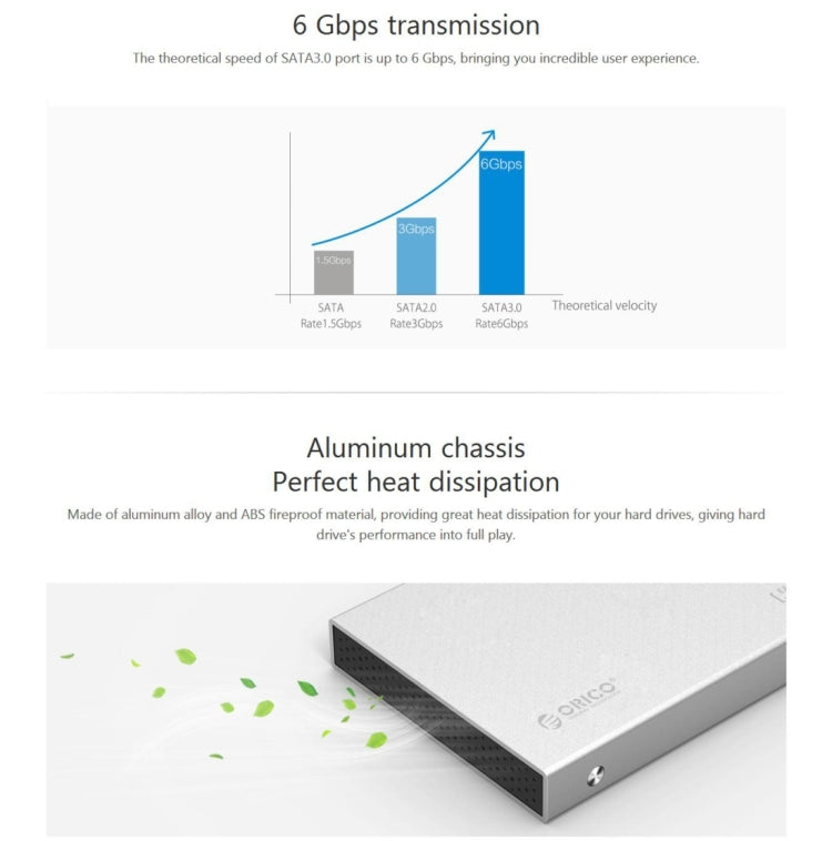 Frendorf | ORICO 2518S3 USB3.0 Externe Festplattengehäuse für 7mm & 9.5mm 2.5 Zoll SATA HDD / SSD (Silber)
