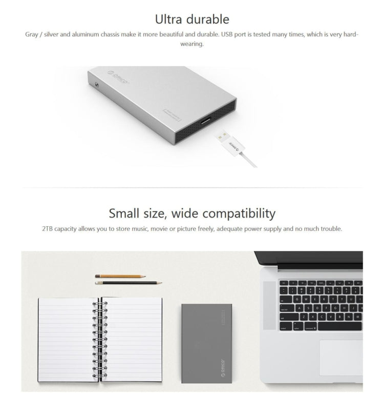 Frendorf | ORICO 2518S3 USB3.0 Externe Festplattengehäuse für 7mm & 9.5mm 2.5 Zoll SATA HDD / SSD (Silber)