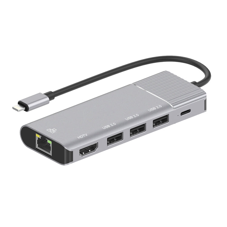 Frendorf | 79591 6 in 1 8 Pin zu RJ45 + HDMI + 8 Pin Laden + 3 USB 2.0 Ports Multifunktionales HUB Konverter Dockingstation