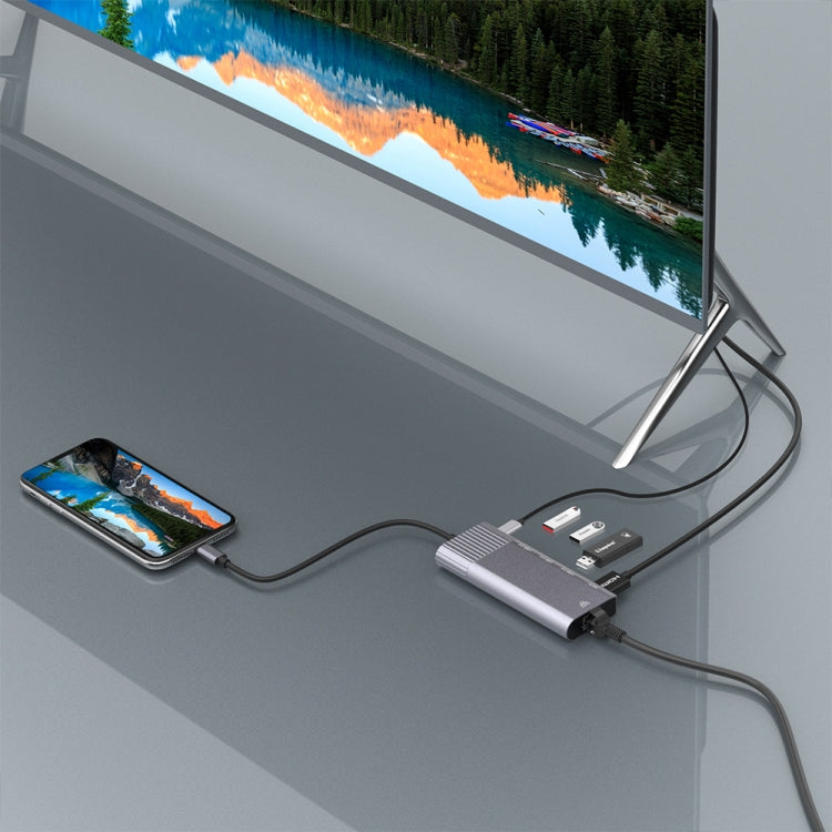 Frendorf | 79591 6 in 1 8 Pin zu RJ45 + HDMI + 8 Pin Laden + 3 USB 2.0 Ports Multifunktionales HUB Konverter Dockingstation