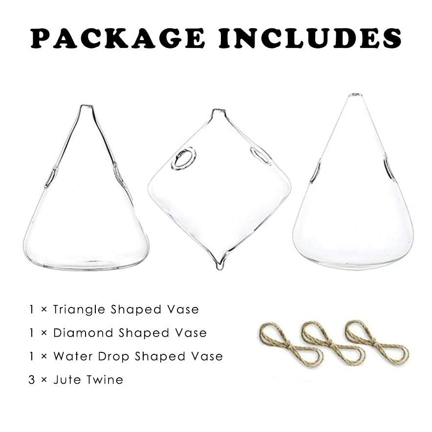 Frendorf | GlasLuxe 3-teiliges Set Glas-Hänge-Terrarienvasen | Elegante Pflanzenhalter | Deko für Zuhause