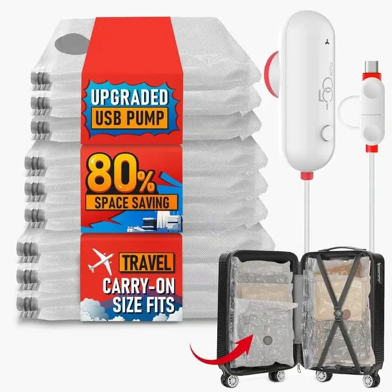 Frendorf | Reise-Vakuumbeutel mit elektrischer USB-Pumpe - Wiederverwendbar & robust (9er Set)