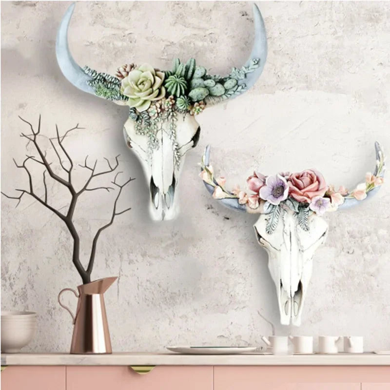 Kuhschädel - Bully - Wanddeko mit Blumen - Harz Wohnkultur
