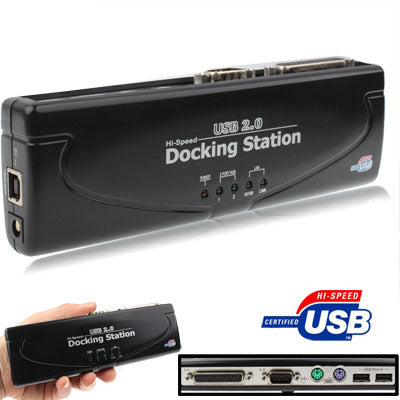 Frendorf | Hi-speed USB 2.0 Dockingstation mit 8 Anschlüssen (2xUSB 2.0 + PS2 Maus + PS2 Tastatur + RS232 + DB25 + LAN + Upstream), Schwarz(Black)