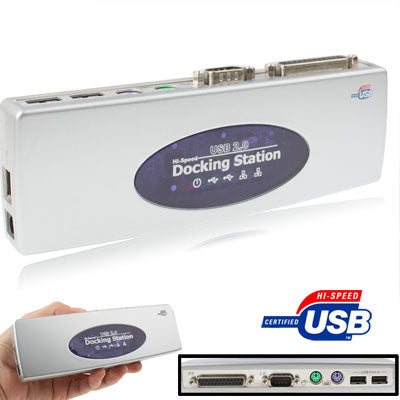 Frendorf | Hi-speed USB 2.0 Docking Station mit 8 Ports (2xUSB 2.0 + PS2 Maus + PS2 Tastatur + RS232 + DB25 + LAN + Upstream),Silber(Silver)