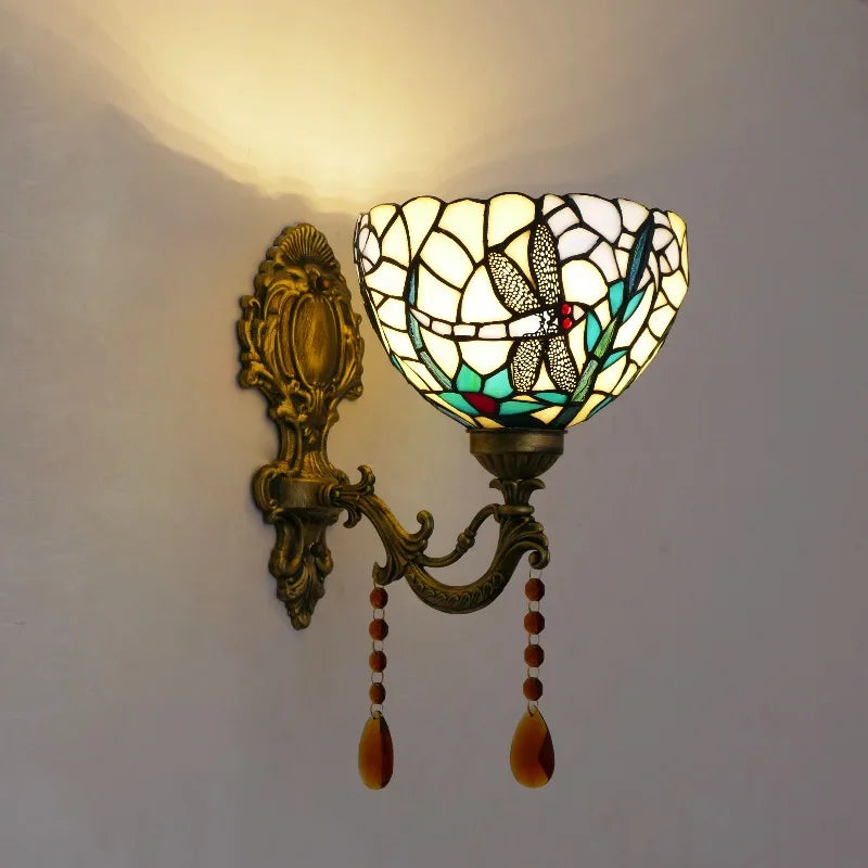 Frendorf | Einzelne-Glühbirne Wand Sconces Tiffany Flared Buntglas Wandmontage Licht mit Traubenmuster in Messing