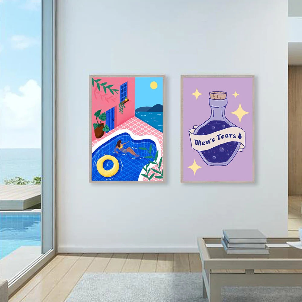 Abstraktes Buntes Bild Schwimmbad Kunst Poster Druck Romantisches Mädchen trinkt Milch Kuchen Leinwand Malerei Wohnzimmer Wohnkultur