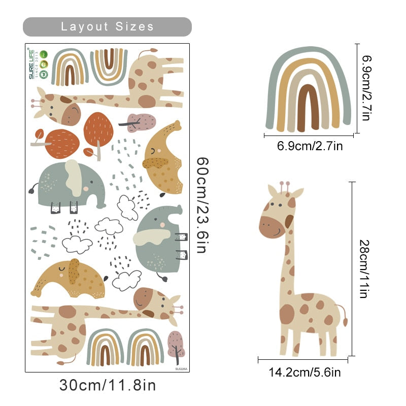 Frendorf | Cartoon Wandtattoo Giraffe Elefant Regenbogen