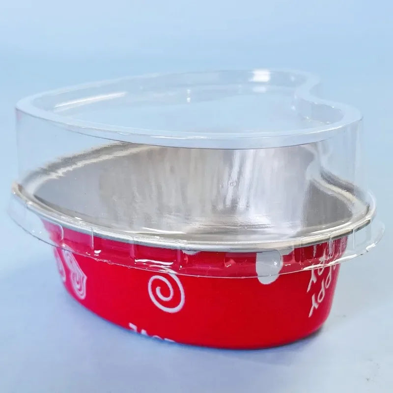 50 Stück 100 ml Aluminium Puddingbecher aus Alufolie mit Deckel - Herzförmige Einweg Mini Mousse Cupcake Behälter Backformen