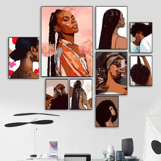 Modische Schwarze Mädchen Leinwandmalerei Friseur Champagner Wandkunst Wohnzimmer Poster und Drucke Wohnkultur