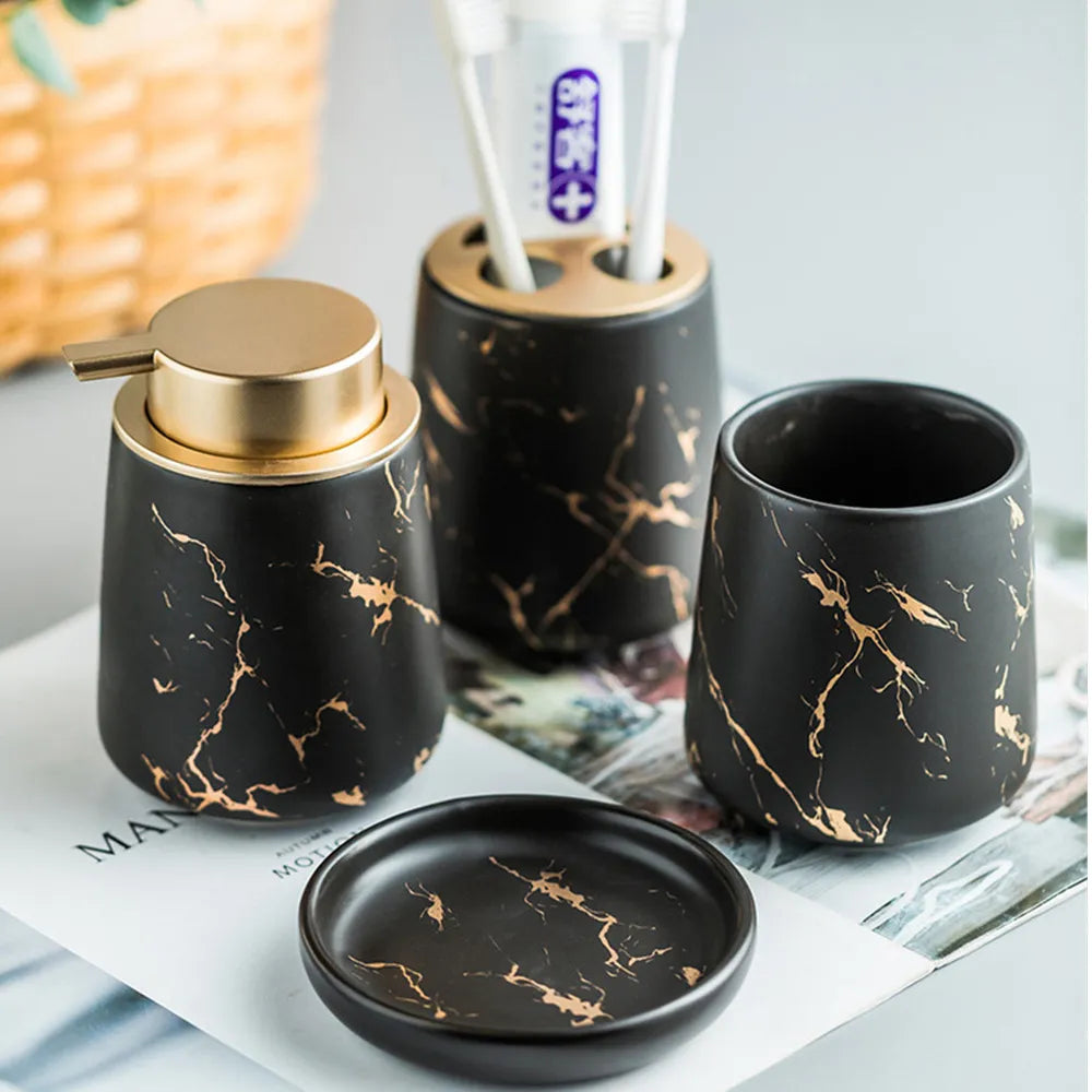 Frendorf | Marbliq Nordic Badezimmer-Set | 4-teiliges Marmor-Design | Luxuriöse Badaccessoires | Elegant & Praktisch