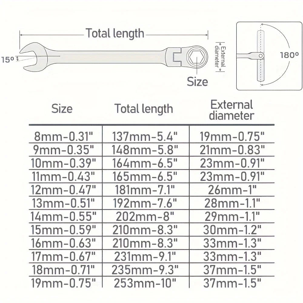Frendorf | 12-teiliges Flexkopf-Ratschenschlüsselset - Chrom-Vanadium-Stahl
