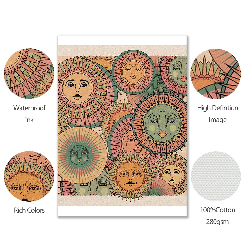 Bohemian Sonnen Gesichter Leinwand Malerei Abstrakt Vintage Wandbilder Retro Glückliches Zitat Quadrat Druck Poster Wohnzimmer Wohnkultur