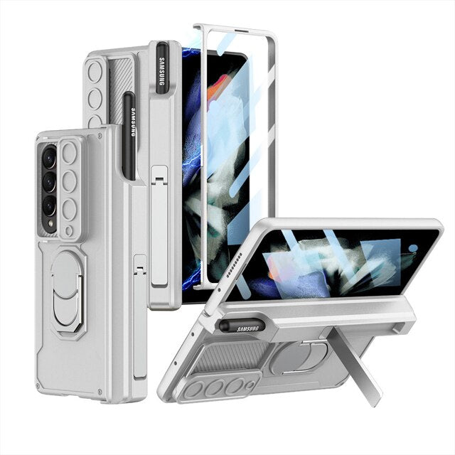 Frendorf | Luxus-Hülle mit S Pen Halterung und Scharnier-Bildschirm-Schutzring-Ständer-Hülle für Samsung Galaxy Z Fold 5 Z Fold 4