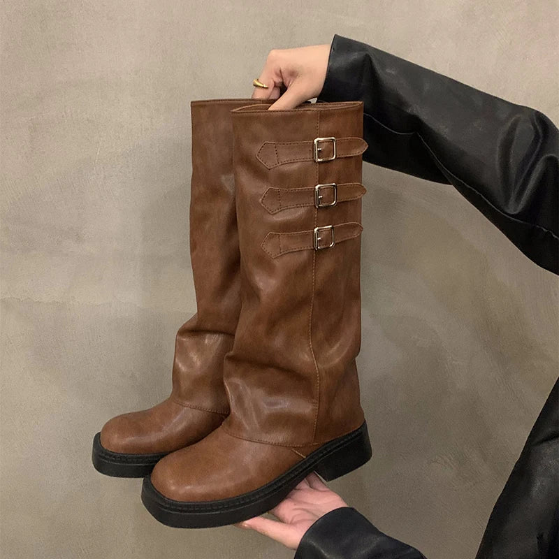 Frendorf | Retro-Stil Kniehohe Stiefel Damen Mode Damen Slip-On Ritter Lange Stiefel Herbst Winter Damen Schuhwerk
