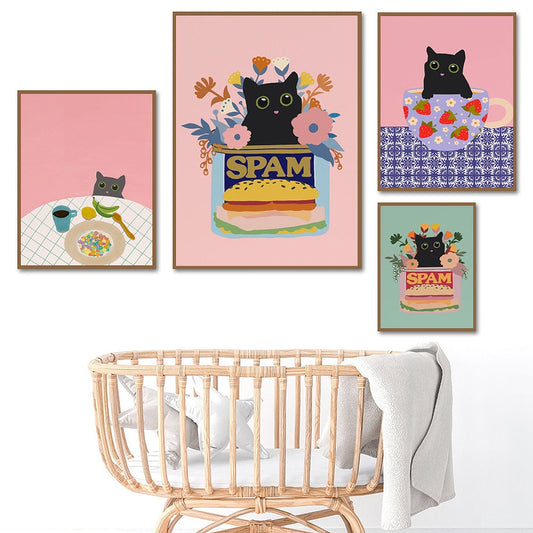Korean Food Street Kimchee Poster Print Modern Black Cat Picnic Küche Wandkunst Leinwandmalerei Dekor Zuhause Ostern Kinderzimmer