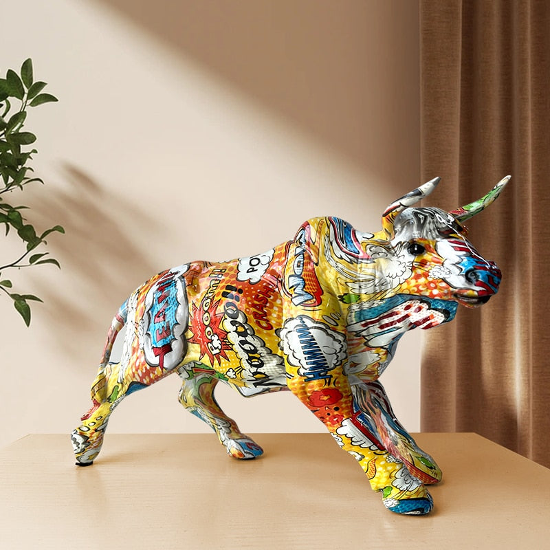 Graffiti-Malerei Harz Bull Figuren Home Wohnzimmer Schlafzimmer Büro Desktop Feng Shui Ornamente Sammlung Statuen
