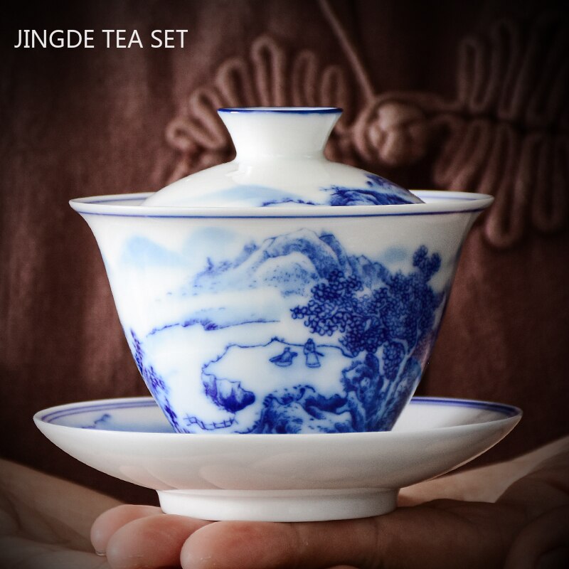 Frendorf | PorceVive Gaiwan Teetasse | Handgefertigtes Porzellan mit Landschaftsmuster | Chinesisches Teeset mit Deckel