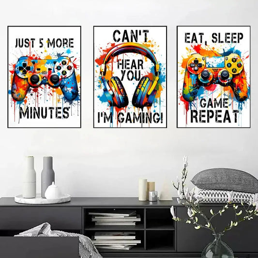 Graffiti Gamer Leinwandmalerei Spielcontroller Kopfhörer Poster Druck Bilder für Jungen Schlafzimmer Spielzimmer Wandkunst Wohnkultur