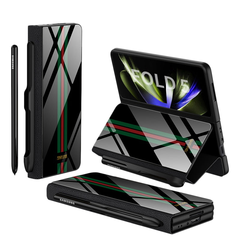 Frendorf | Stoßfeste Rüstungshülle Hülle Glas Abdeckung Ständer Einfügkarte Lederhülle für Samsung Galaxy Z Fold 5/4