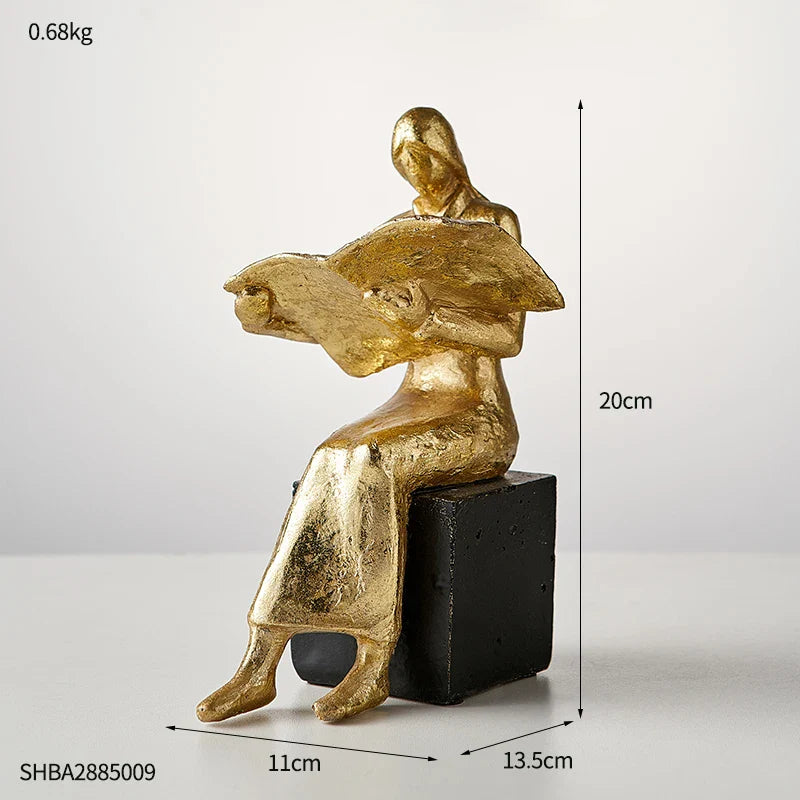 Goldene Lesestatue Wohnkultur Künstlerische Studie Bücherregal Ornament Einfache Buchstütze Harz Miniaturen Handwerk Büro Zubehör