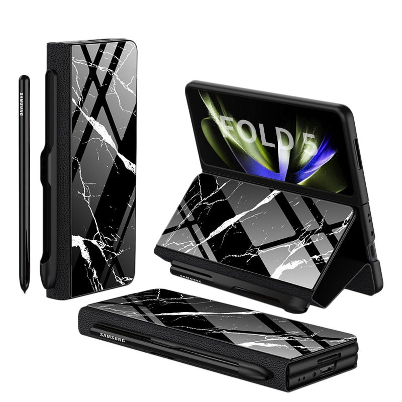 Frendorf | Stoßfeste Rüstungshülle Hülle Glas Abdeckung Ständer Einfügkarte Lederhülle für Samsung Galaxy Z Fold 5/4
