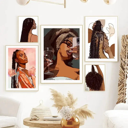 Modische Schwarze Mädchen Leinwandmalerei Friseur Champagner Wandkunst Wohnzimmer Poster und Drucke Wohnkultur