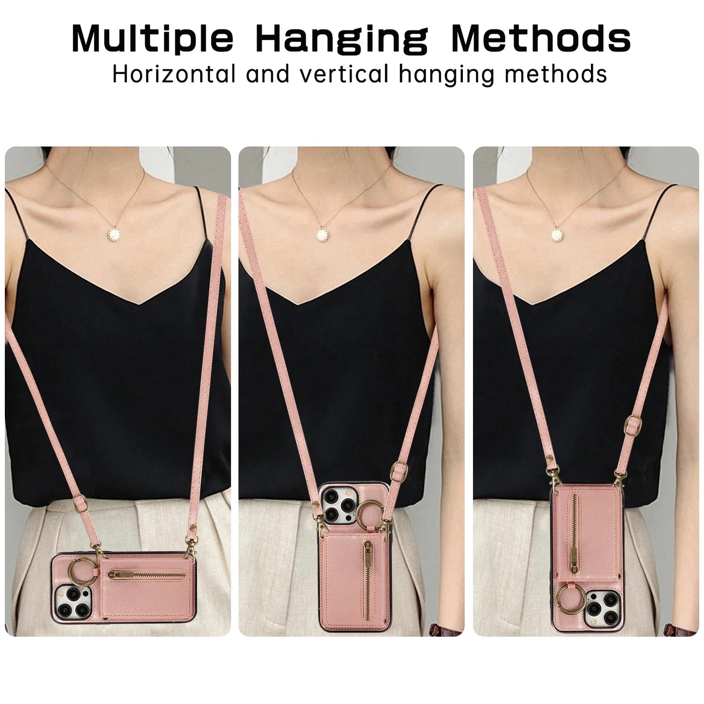 Frendorf | Bestseller, Dreifach Geldbörse Leder Reißverschlusstasche Umhängetasche Kartensteckplatz Ringhalter Tasche für iPhone 15 14 13 12 Pro Max Plus