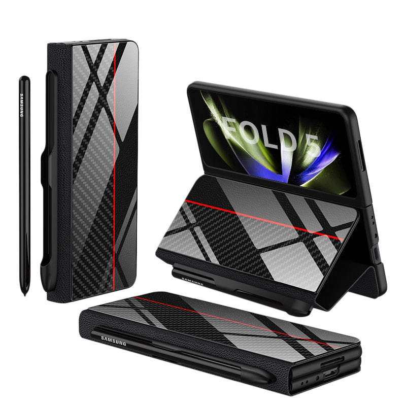 Frendorf | Stoßfeste Rüstungshülle Hülle Glas Abdeckung Ständer Einfügkarte Lederhülle für Samsung Galaxy Z Fold 5/4