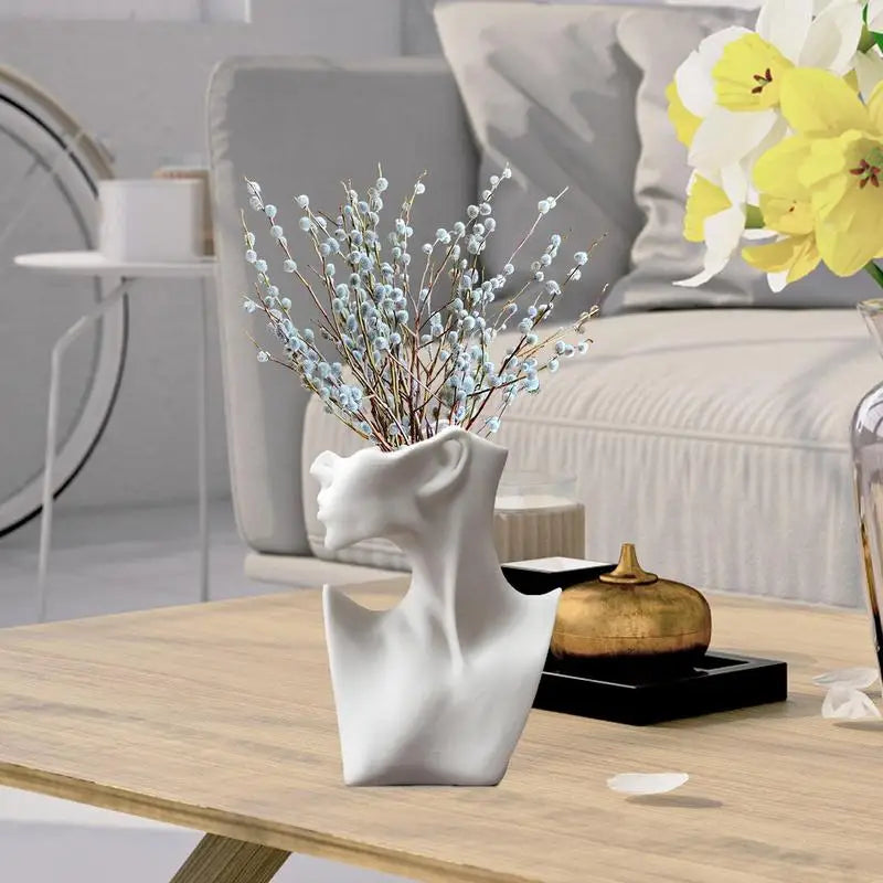 Elegante weiße Gesichtsmuster-Vase | Keramische Vase perfekt für Blumen oder Federn