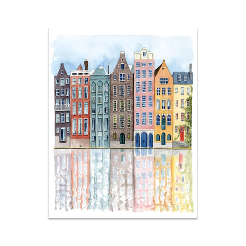 Frendorf | UrbanVista Aquarellfassaden Poster | Leinwanddruck mit alten bunten Gebäuden | Wandkunst für Wohnzimmer & Heimdekoration