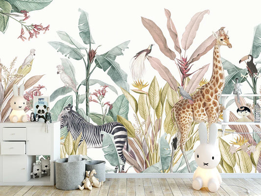 Frendorf | Giraffen und Zebras Safari Blätter Tapete Wandbild