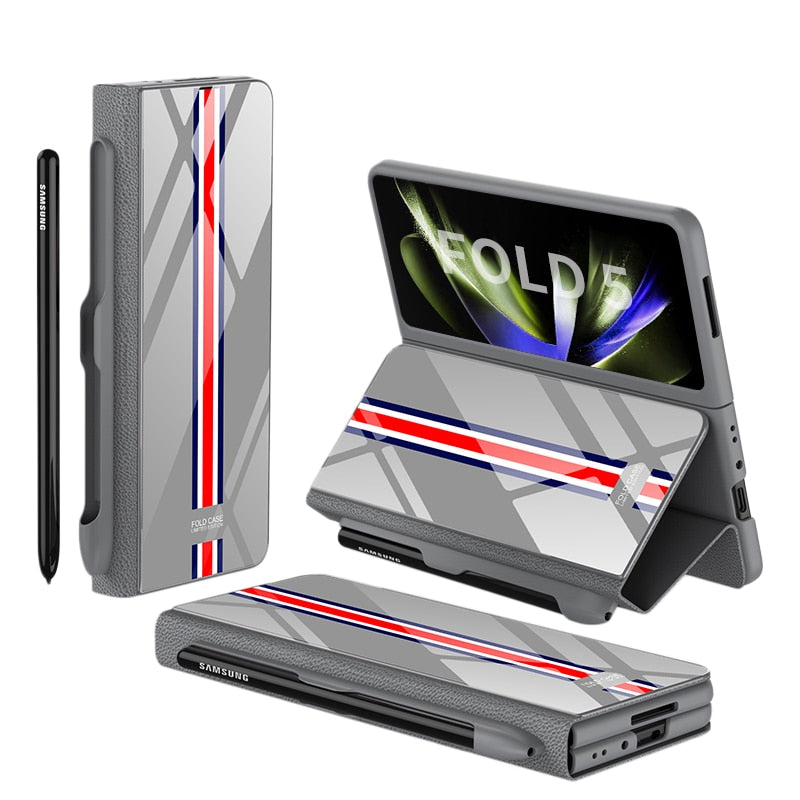 Frendorf | Stoßfeste Rüstungshülle Hülle Glas Abdeckung Ständer Einfügkarte Lederhülle für Samsung Galaxy Z Fold 5/4
