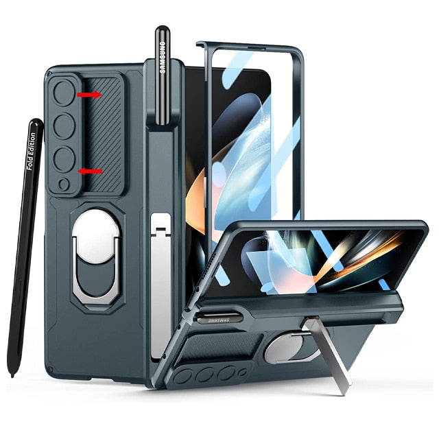 Frendorf | Luxus-Hülle mit S Pen Halterung und Scharnier-Bildschirm-Schutzring-Ständer-Hülle für Samsung Galaxy Z Fold 5 Z Fold 4