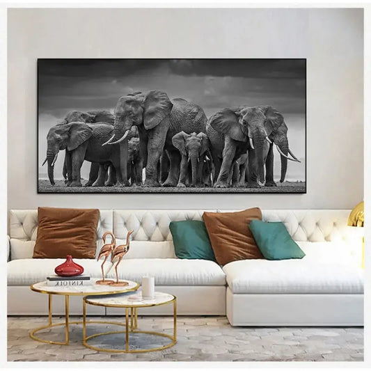 Afrikanische Elefantenherde Wandkunst Moderne Schwarz-Weiß Tier Leinwandposter und Drucke Wohnraum Schlafzimmer Geschenke