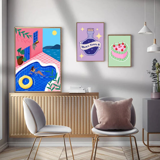 Abstraktes Buntes Bild Schwimmbad Kunstposter Druck Romantisches Mädchen Trinkt Milch Kuchen Leinwand Malerei Wohnzimmer Heimdekoration