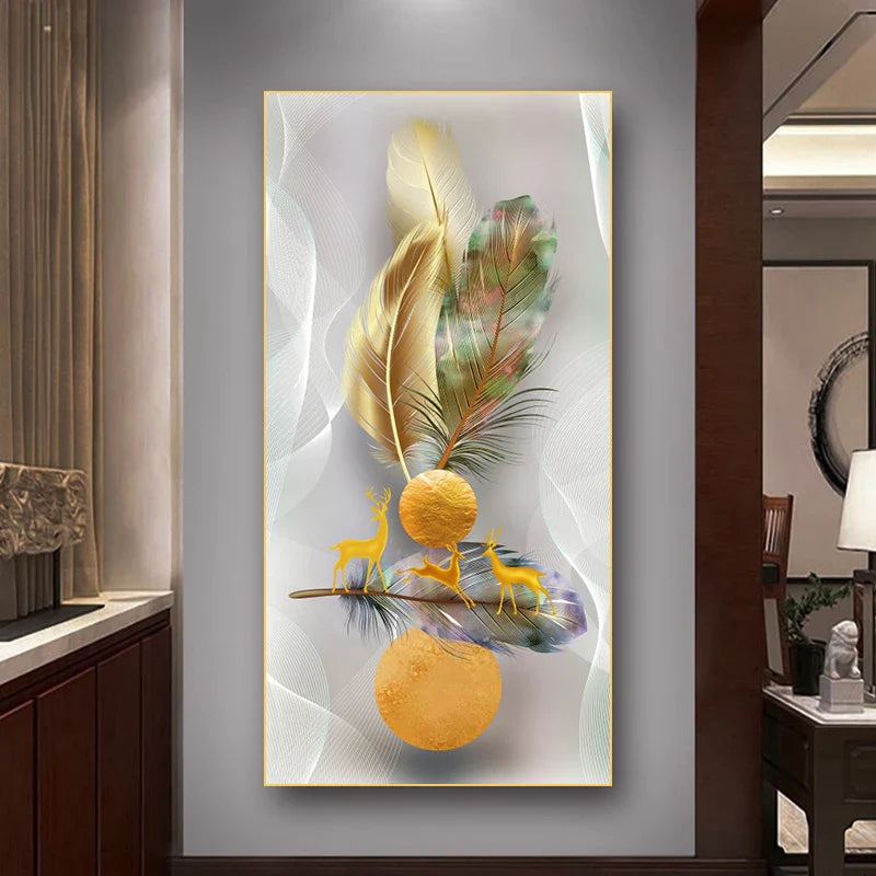 Nordic Abstract Feather Golden Yellow Deer Poster