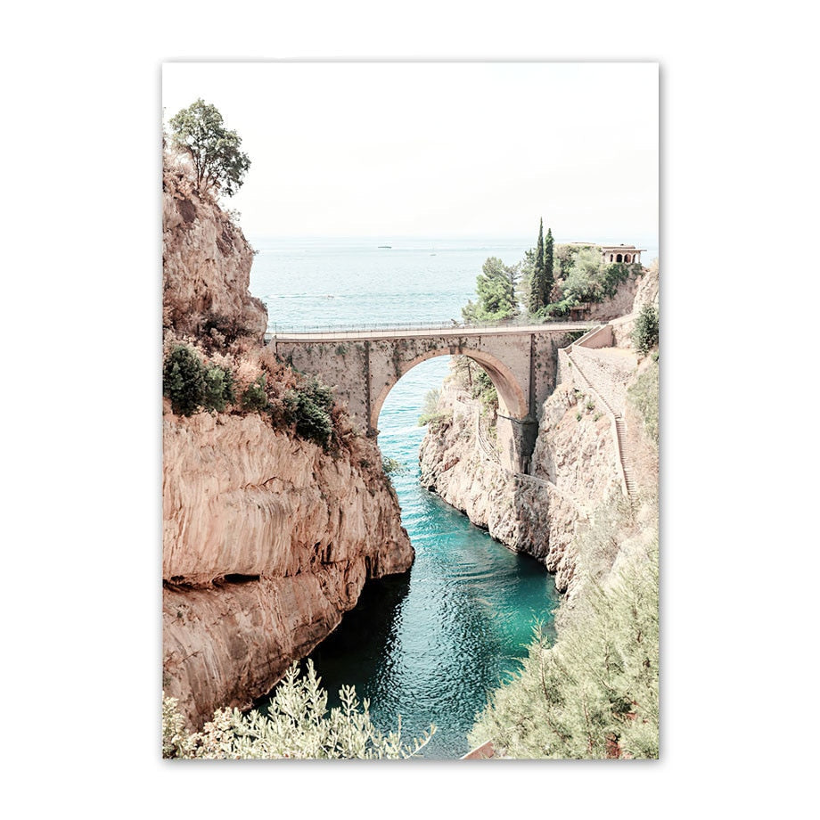 Venice Amalfi Küstenstadt Wasserfall Leinwandposter | Nordisches Schlafzimmer Wandkunst für Wohnzimmer Wohnkultur