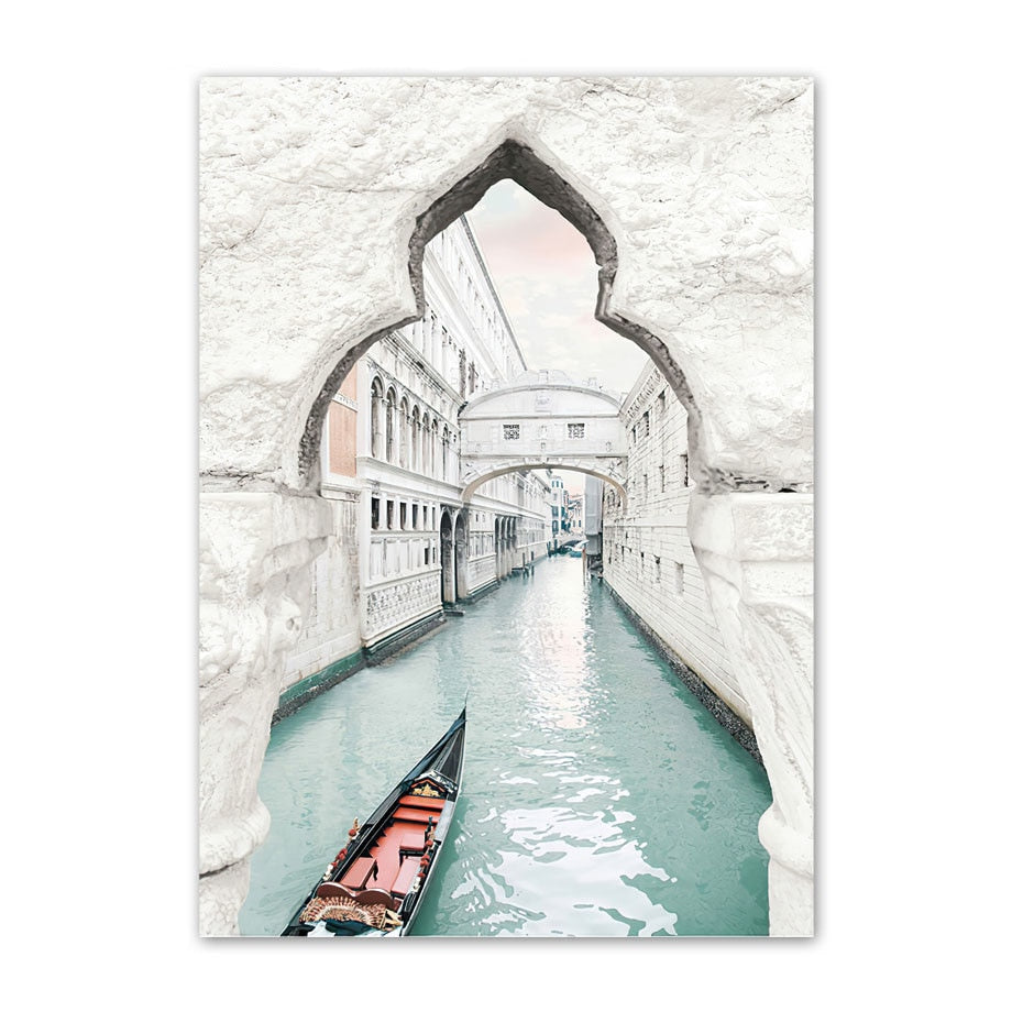 Venice Amalfi Küstenstadt Wasserfall Leinwandposter | Nordisches Schlafzimmer Wandkunst für Wohnzimmer Wohnkultur